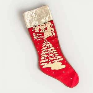 VTG 1950 Stenciled Merry Christmas Children Caroling 19” Red Felt Stocking Bells - Picture 1 of 7