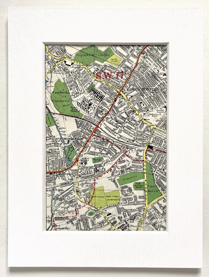 Vintage c. 1950 London Map - Mounted - TOOTING, SOUTH WIMBLEDON, MITCHAM, 37 - Image 1 of 1