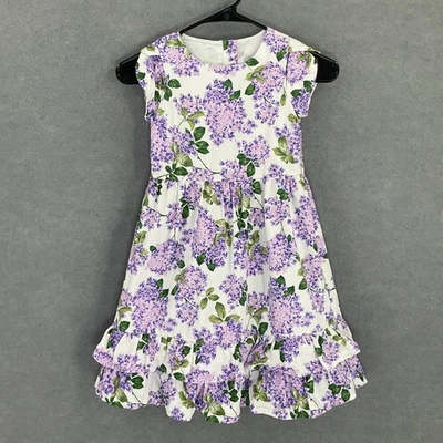 Gymboree Girls Dress Size 7 Purple Floral Ruffle Hem White Cotton Spring Summer - Image 1 of 4