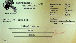 Metro Pictures Corporation Invoice 1920s Silent Film High Sign - Picture 1 of 1