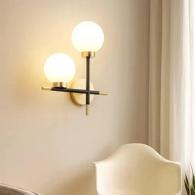 Mid-Century Modern Brass Globe Wall Sconce - 2-Light Vanity Lamp - Image 1 of 4
