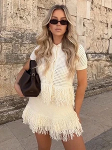 ZARA _NEW WOMAN SS25 HIGH-WAIST FRINGED CHECK KNIT SKIRT WHITE M-L 4331/005/712 - Picture 1 of 16
