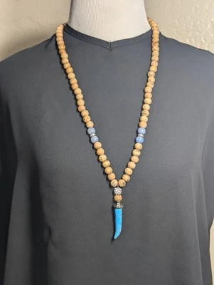 EXPRESS Wood Bead With Blue Stone & Horn Pendant Necklace  - image 1 of 4