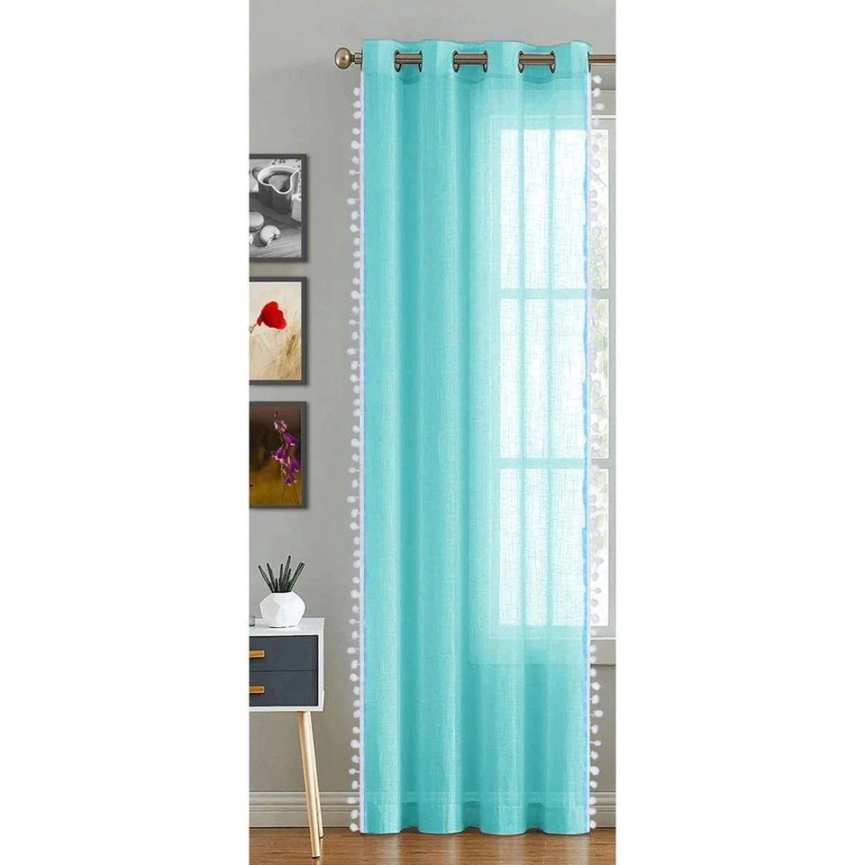 Window Curtains 9 Feet Solid Living Room Office Bedroom Pom Pom Curtain 2-Piece - Image 1 of 4