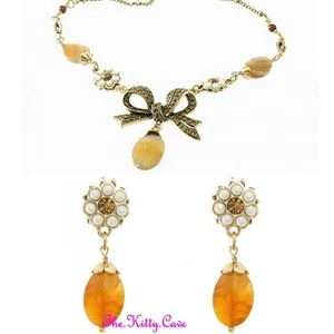 Vintage Gold Bow Hollywood Pearl Agate Necklace Earring Set w/ Swarovski Crystal - Picture 1 of 4