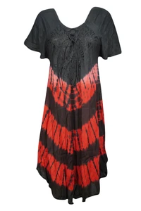Boho Gypsy Tie Dye Red,Black Dress Loose Flared Holiday Beach Cover Up Dresses L