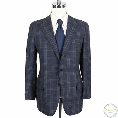 Kiton Blue Grey White 70% Cashmere Silk Plaid Handmade Dual Vents 3/2 Jacket 40R - Image 1 of 4