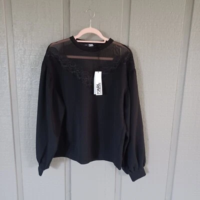 Karl Lagerfeld Women Fan Lace Sweatshirt Size L Sheer Panel Long Sleeve Pullover - Image 1 of 4