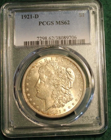 1921 D MORGAN SILVER DOLLAR PCGS Graded MS62, great coin with excellent details Cover
