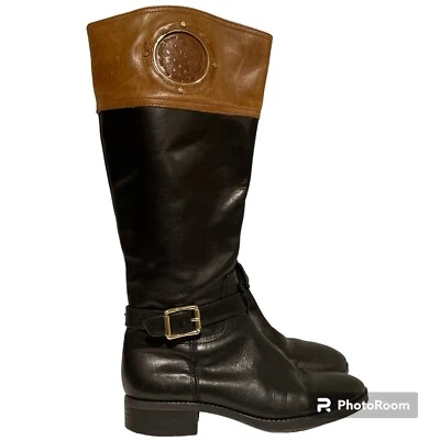 Vince Camuto Knee High Boots Women's 7 Genuine Leather Phillie Black Tan Buckle - Image 1 of 4