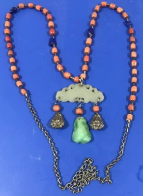 Антикварное китайское коралловое ожерелье с белым нефритовым замком жадеитовая подвеска династии Цин - Изображение 1 из 4