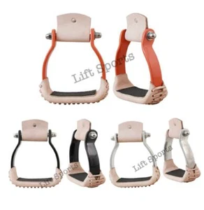Western Horse Saddle Stirrups Aluminum Silver w/ Leather Barrel Racing 5" Wide - Picture 1 of 7