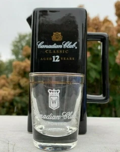 Canadian Club 12 Whisky Black Ceramic Pitcher & Shot Glass 1 oz White Logo - Picture 1 of 5