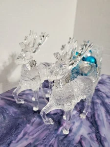 Christmas Sleigh 2 Reindeer 14” Faux Crystal Clear Acrylic With Silver Bows - Picture 1 of 4