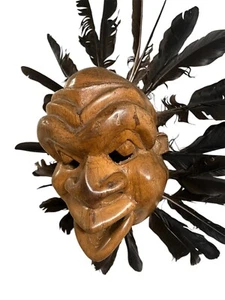 RARE Micronesian Style Native Carved Wooden Face Mask w/ Removable Feathers - Picture 1 of 8