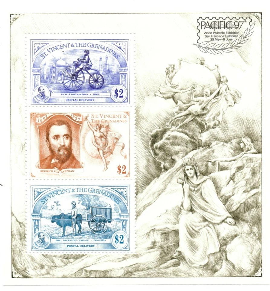 San Vicente 1997 SC# 2440 UPU, Unión Postal, Entrega - Hoja de 3 estampillas - MNH Foto 1 de 1