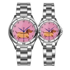 Hot Dog Dachshund Watch - Pink Dial, Stainless Steel Band, Mustard Weiner Design - Picture 1 of 5