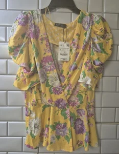 Zara TRF Ladies casual top blouse size Large yellow mix puff sleeve floral zip - Picture 1 of 9
