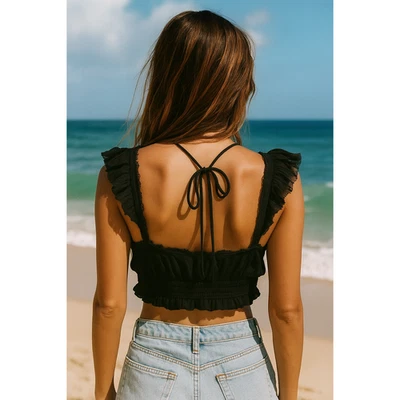 Top corto boho Free People manga aleteada ajustada para mujer XS festival correas de encaje Foto 1 de 4