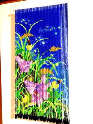 Tapiz retro con cuentas Showa colgante de pared luciérnagas Susuki flor de lirio Japón Foto 1 de 4