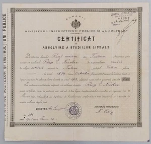 Rumänien, 1903, Vintage Abschlusszeugnis / Diplom - Tulcea Highschool - Bild 1 von 2