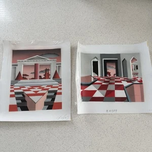 Vintage WOODVILLE Original Oil On Canvas Set Of 2 - Unframed Geometric MCM - Picture 1 of 14