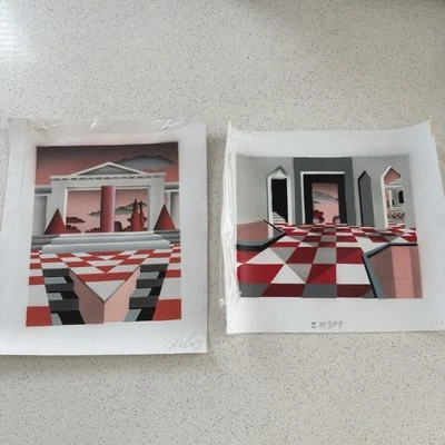 Juego De 2 Óleo Sobre Lienzo Original Vintage Woodville - MCM Geométrico Sin Marco Foto 1 de 4