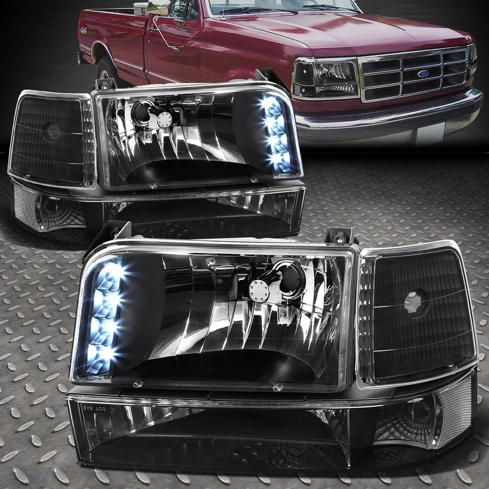PARA 92-96 FORD F150 F250 F350 LED DRL CARCASA NEGRA FAROS ESQUINEROS TRANSPARENTES LÁMPARAS Foto 1 de 4