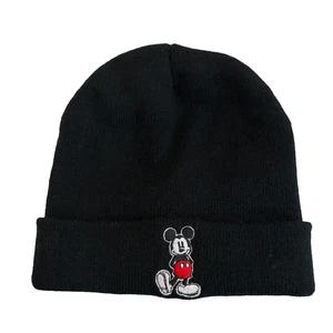 Disney Hat Adult Beanie Black Knit Foldover Mickey Mouse - Picture 1 of 7