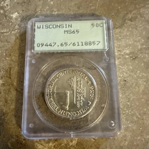 1936 US Silver commemorative 50c Wisconsin, MS65 In Old Rattler Slab - Picture 1 of 7