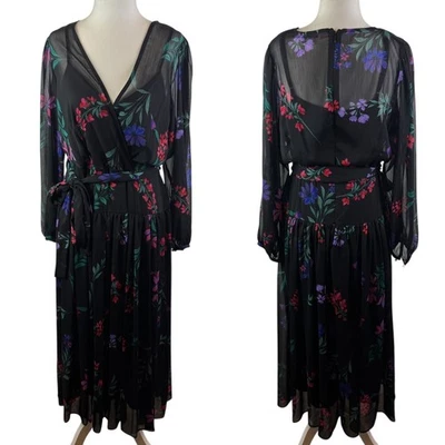 Vestido midi floral Calvin Klein tamanho 10 preto transparente manga longa com cinto escritório - Imagem 1 de 4