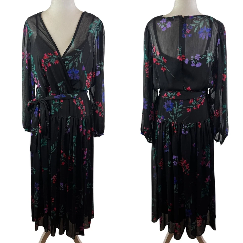 Vestido midi floral Calvin Klein talla 10 negro transparente manga larga cinturón oficina Foto 1 de 4