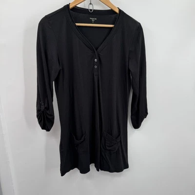 Garnet Hill Tunic Shirt Womens M Black Roll Tab Sleeve Pockets Cotton Modal - Image 1 of 4