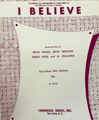 Partituras acordeón c.1953 'I Believe' Pietro Deiro Cromwell Nueva York Foto 1 de 4