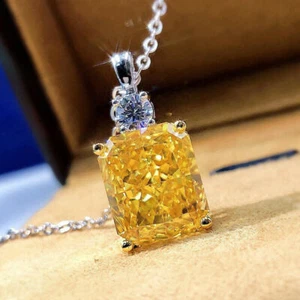 5Ct Radiant Cut Yellow Moissanite Solitaire Women's Pendant 14K Solid White Gold - Picture 1 of 8