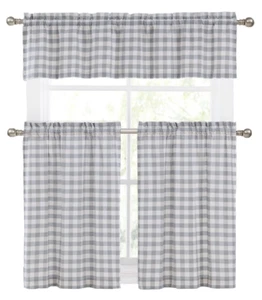 3 Pc. Country Chic Grey/Beige Plaid Tartan Kitchen Curtain Tier & Valance Set - Picture 1 of 2