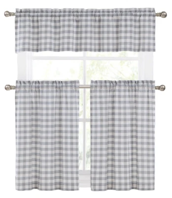 3 peças Conjunto de cortina de cozinha Country Chic cinza/bege xadrez tartan camada e valance - Imagem 1 de 2
