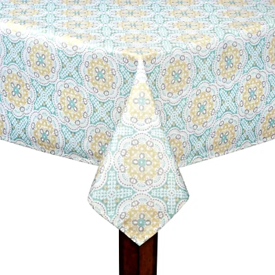 Waverly Astrid Tablecloth 70" Rd Fabric Cloth Summer Spring Green Gold Medallion - Image 1 of 4