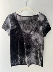 American Eagle Y2K Crushed Velvet Black Tie Dye Baby Tee Shirt Top Whimsigoth S - Bild 1 von 5