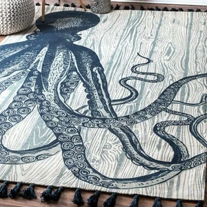 nuLOOM Thomas Paul Flatweave Octopus Tassel Area Rug in Ivory Coastal/Nautical