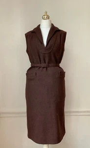 Popover by Dereta Vintage 1960s Brown Pinafore Dress With Belt 100% Wool Size 10 - Picture 1 of 12