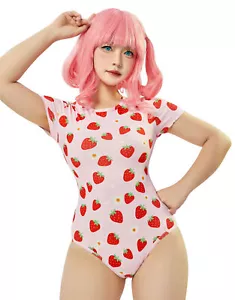 Women's Romper Pink Bodysuit Crotch Strawberry Print Pajama - Picture 1 of 5