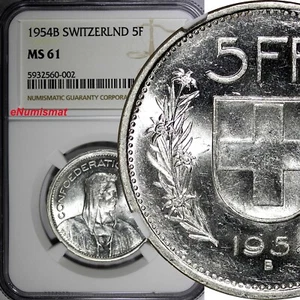 Switzerland Silver 1954 B 5 Francs NGC MS61 KM# 40 (002) - Picture 1 of 4