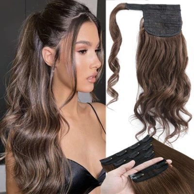 Clip de cola de caballo medio arriba medio abajo en extensiones de cabello humano real envoltura alrededor de pony Foto 1 de 4