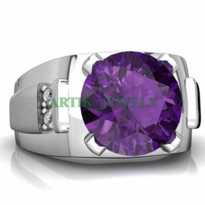 Natural Amethyst Gemstone with 14K White Gold Plated Silver Ring for Men's #54 - Image 1 of 4