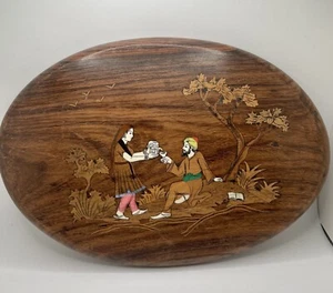 Marquetry India Wood Inlaid Oval Plaque Woman Gives Man Tea Under Tree Wall Art - Picture 1 of 9