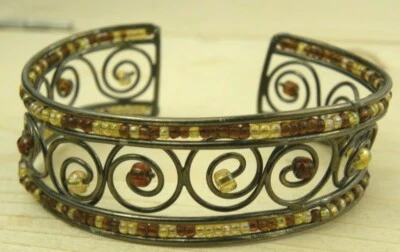 Brazalete Brazalete Semilla Diseño Remolino Marrón Crema Cuentas Tono Plata Ajustable Foto 1 de 4