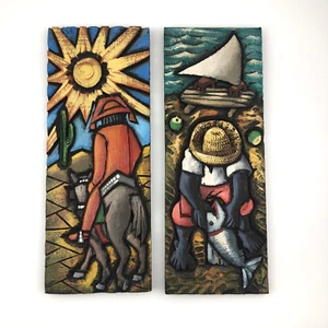 X2 Vintage südamerikanische geschnitzte Holzplatten Volkskunst Relief 16"x6" Mann Esel Sonne - Bild 1 von 12