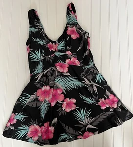 YBL Your Best Look Swimdress Swimsuit Womens Size 10 Hawaiian Design Black - Picture 1 of 12