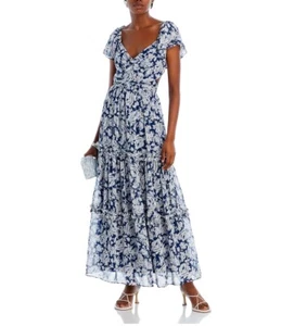 Aqua Flutter Sleeve Tiered Maxi Dress Navy/white Size XS - Picture 1 of 5